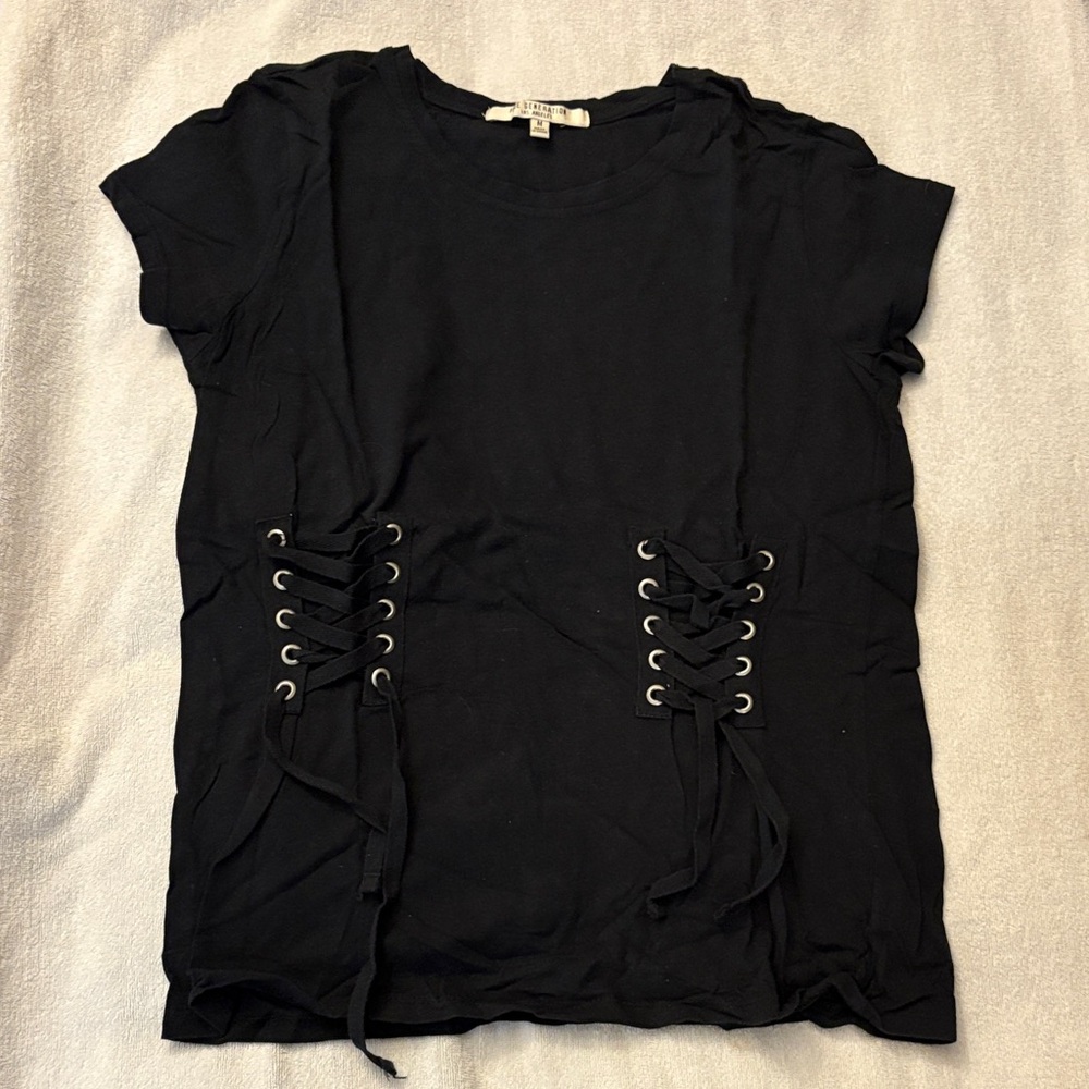Vintage Chic Black Lace-Up Women's Tee